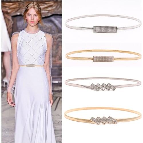 Imitation Rhinestone Thin Belts Silver Gold Chain Belts for Women Elastic Stretch Skinny Ladies Dress Belts