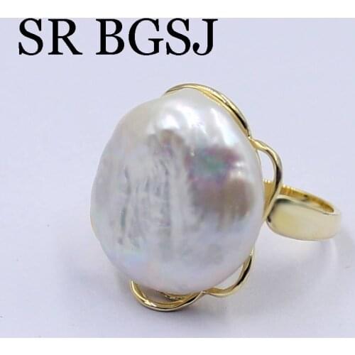 Free Shipping BGSJ 20mm Baroque Button White Freshwar Pearl & Copper Metal Adjustable Jewelry Ring