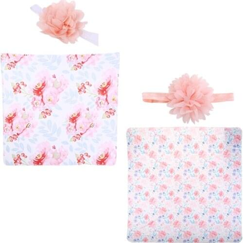 2 Pcs Newborn Floral Swaddle Wrap+ Headband Set Baby Cotton Receiving Blanket