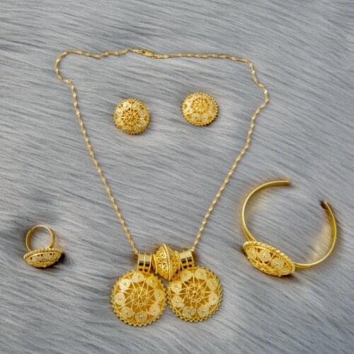 New 4pcs/lot Ethiopian Jewelry Sets Dubai Gold Pendant Chain Earrings Ring for Women Eritrea Africa Habesha Wedding Gifts