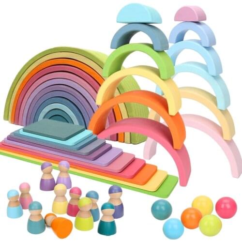 Macaron Series Big Size Wooden Rainbow Stacker Rainbow Friends Peg Dolls Nesting Wooden Puzzle Blocks Montessori Educational Toy