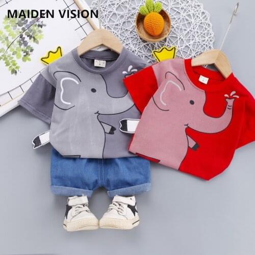 Cute Girls Outfits Cartoon elephant Printed Summer Shirt Denim Shorts Toddler Children Clothing Set Boy suit infant Clothes