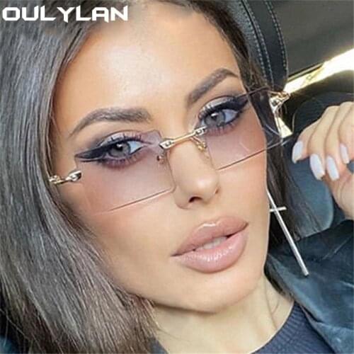 Oulylan Women Rimless Sunglasses Vintage Trimming Ocean lens Sun Glasses for Men Retro Frameless Square Red Eyewear UV400 Ladies