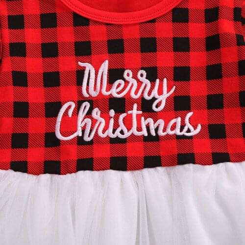 Infant Kids Baby Girl’s Fashion Mesh Yarn Stitching Dress Fresh Plaid and Letter Long-sleeved Children Christmas Dress