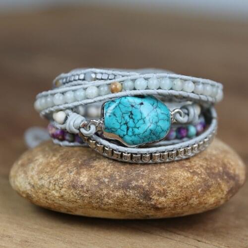 5 Strand Mix Beads String Braided Bracelet Natural Amazonite Stone Bohemia Leather Wrap Bracelet Women DIY Handmade Jewelry