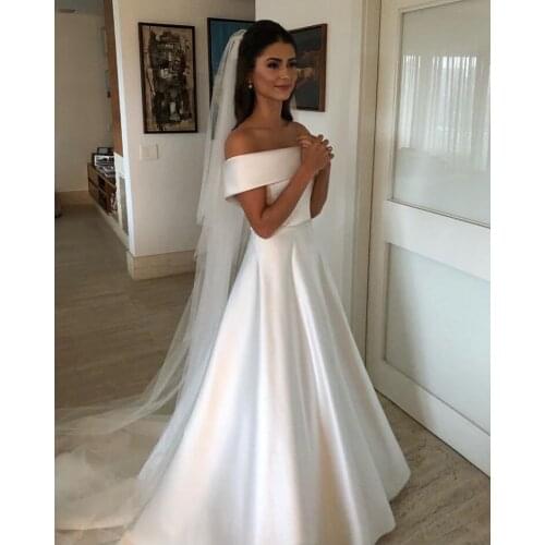 Simple A Line Wedding Dresses Satin Off The Shoulder Wedding Bridal Gowns Sweep Train Casual Dresses Zipper With Buttons Back