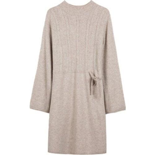 Pure wool knit women fashion half high neck lace up long pullover sweater solid color S-2XL retail wholesale