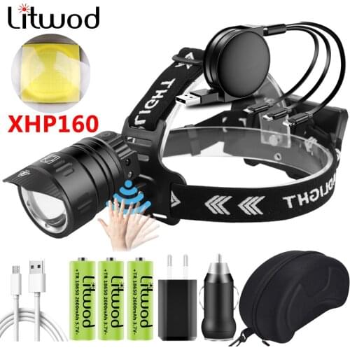 Most Power XHP160 Led Headlamp Sensor Headlight Powerbank Head Lamp Flashlight 3 Pcs 18650 Battery Bulbs Zoomable Lithium Ion