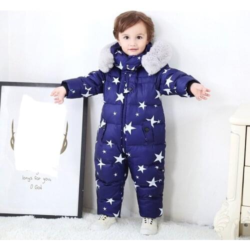Russia Winter -30 Kids Girl Boy Snowsuit Jumpsuit Baby White Duck Down Jacket Overall Children Real Raccoon Fur Hooded Rompers