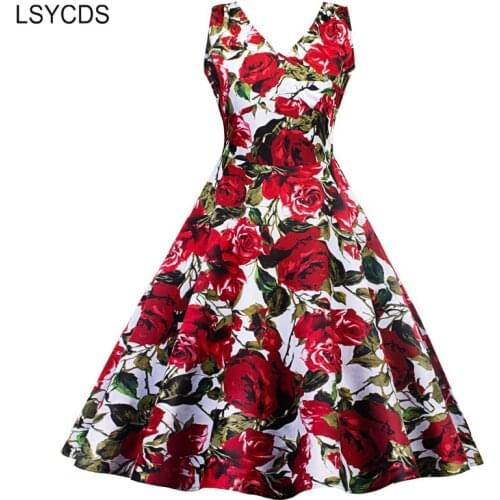 Sexy Red Party Dresses Women Sleeveless V Neck Flower Print Dress Retro Casual Party 50s 60s Vintage Rose Dress Summer 2020