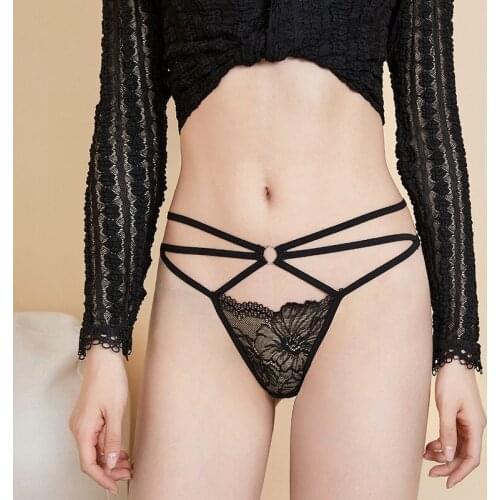 Floral Embroidery Cross-Strap Womens Thong Sexy Lace Underwear Temptation Transparent Panties Peach Hip Hollow G String Briefs