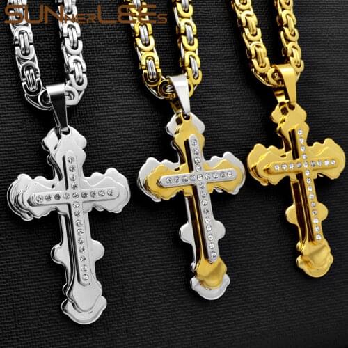 SUNNERLEES Stainless Steel Jesus Christ Cross Pendant Necklace Byzantine Link Chain Silver Color Gold Plated Men Boy Gift SP210