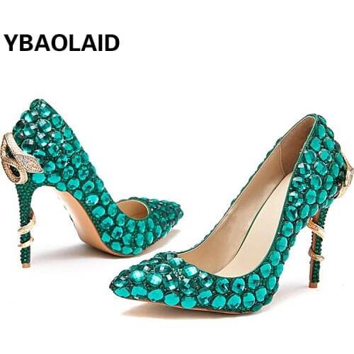 Shallow Mouth Green Rhinestone Sexy High Heels Summer New Metal Snake Heel Pointed Stiletto Wedding Shoes Handmade Sandals