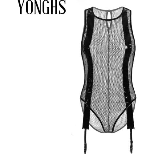 Womens See-through Lingerie Fishnet Bodysuit Round Neck Patent Leather Decor Mesh Leotard with Garter Belt Nightclub Costume