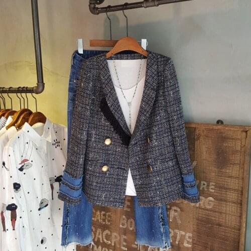 2021 Fashion High Quality OL Autumn Winter Plaid Pearl Buttons Blazer Women Notched Collar Tweed Suit Jacket Cardigan Outerwear