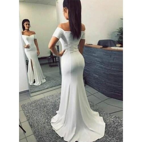 Womens Long Off Shoulder Mermaid Satin Prom Dresses with Sleeves Robe De Soiree Zipper Back Ivory Formal Party Dresses