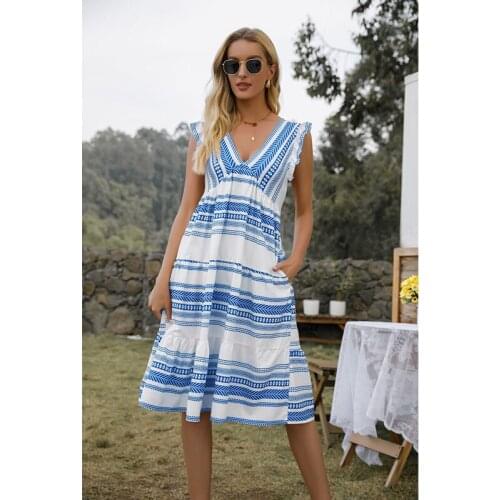 Summer Women New Recreational Striped Shirt Dresses V-Neck Sleeveless Pockets Casual Loose Beach Sundress Fashion Bohemian
