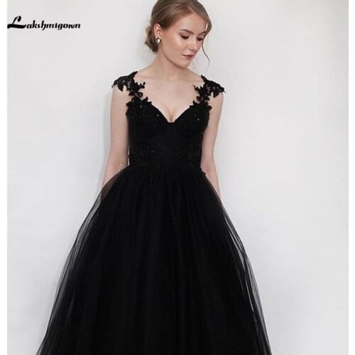 Lakshmigown Black Lace Gothic Wedding Dresses V Neck Appliques Beading Top Fancy Tulle Skirt A Line Vintage Bridal Gowns