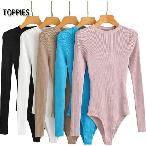 Toppies 2021 Autumn Womens Slim Knitted Bodysuits Women Long Sleeve O-neck Tops Ladies Rompers Chic Jumpsuits
