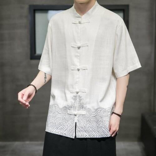 2021 Summer Chinese Style Shirt Men Solid Casual Button Cotton Linen Stand Collar Streetwear Shirts Half Sleeve Men Tops 30631