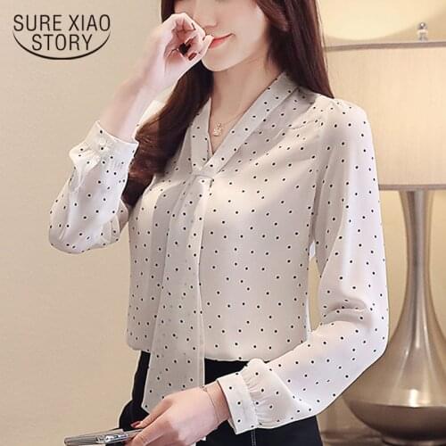 2021 Dot Wave Point Chiffon Blouse Shirt Womens Tops and Blouses Blusas Long Sleeve Shirts Bow Vcollar Blouse for Women 2491 50
