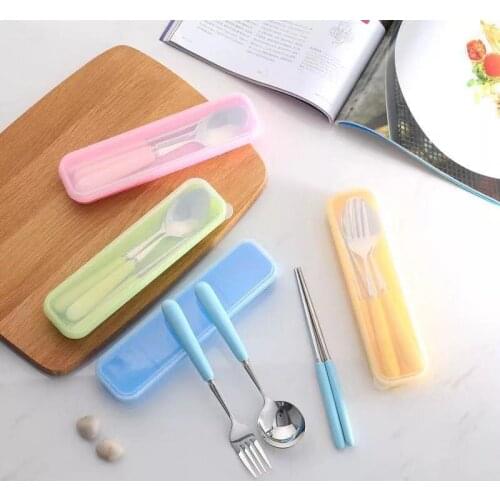 3Pcs Portable Dinnerware Set ceramics Handle stainless steel tableware travel set For Children School Picnic Cutlery