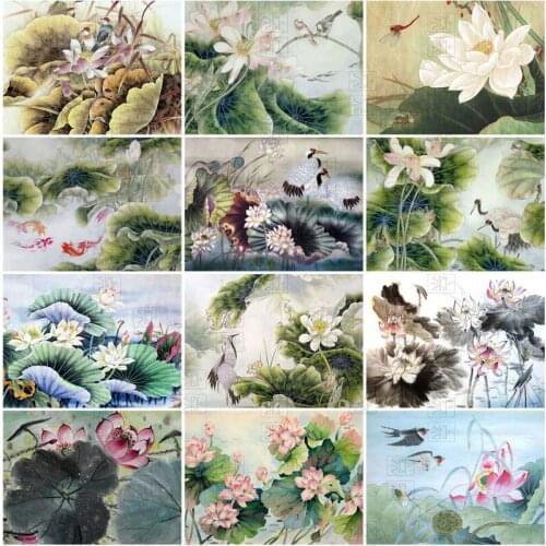 5D Diamond Painting Flowers Mosaic Diamond Embroidery Chinese Style Lotus Ink Painting Cross Stitch Kit Home Decoration Art Gift