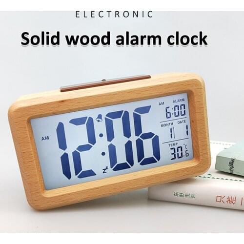 Wooden Digital Alarm Clock,Smart Sensor Night Light with Snooze, Date, Temperature, 12/24Hr Switchable, Solid Wood/Bamboo Shell