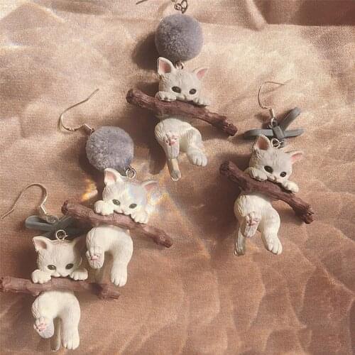 Holding Firewood Cat Mori Hair Ball BranchesGirl Heart Ear Jewelry Kitty Cartoon Charm Earrings Girl Gift