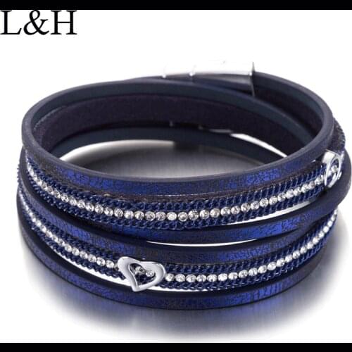 Double Layer Heart Carved Rhinestone Suede Slake Deluxe Leather Wrap Bracelets Fashion Jewelry For Women Pulseiras Femininas