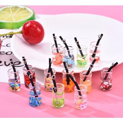 Hot Sale 20PCS Popular Colorful Mixed Glass Cute Fruit Sliced Juice Milk Bottle Charms Pendant DIY Accessories Girls Gift