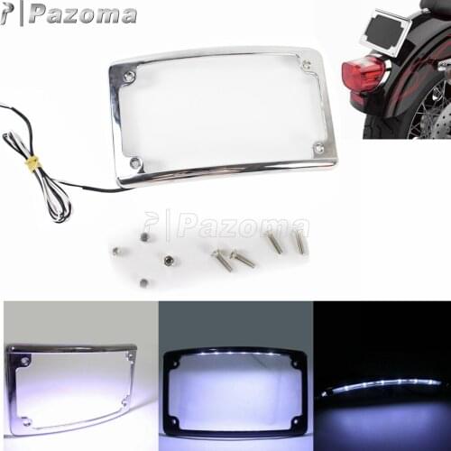 Chrome Motorcycle License Plate Frame W/LED License Plate Light For Harley Touring Street Cafe Racer Number Plate Bracket W/LED