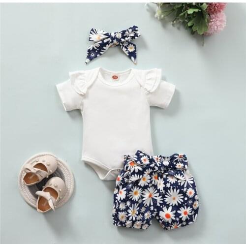 4pcs Newborn Baby Girls Clothes Short Sleeve Romper Tops +Floral Print Shorts+Waistband+Headband Cute Summer Outfits for 0-24M