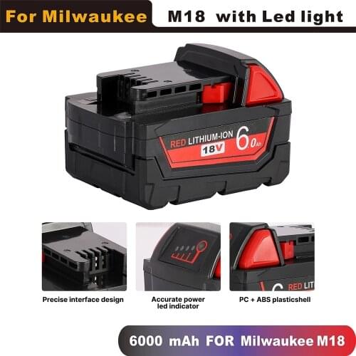 18V 6Ah 6000mAh Li-ion Tool Battery for Milwaukee M18 48-11-1815 48-11-1850 2646-20 2642-21CT Repalcement Rechargeable Batteries