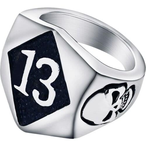 Valily Golden Number 13 Skull Head Carved Unisex Biker Ring Stainless Steel fashion punk gothic band ring for men Women,US Size