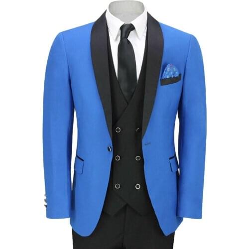 Royal Blue Black Shawl Lapel Wedding Suits For Men Custom Made 3 Pieces Groom Formal Suit Slim Fit Smoking Tuxedo Blazer 2020