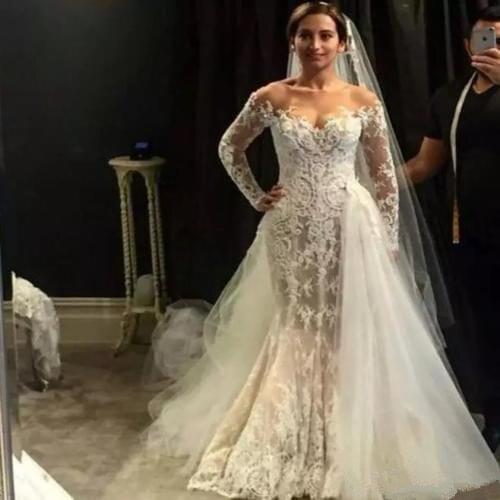 New 2021 Off Shoulder Mermaid Wedding Dress Detachable train Applique Lace Bridal Gown 2021 wedding Gown Vestido de Noiva