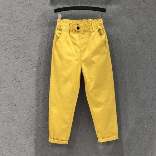 New Arrival Summer Women Harem Pants All-matched Casual Cotton Denim Pants Elastic Waist Plus Size Yellow White Jeans