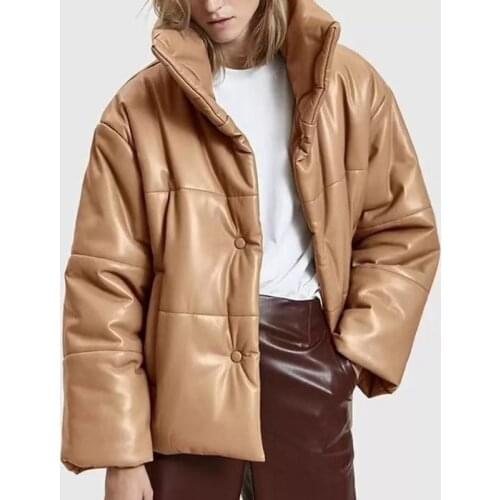 Zoki Autumn Women PU Leather Parkas Pocket Solid Faxu Leather Coats Elegant Balck Jackets Thick Loose Outerwear Fashion New 2021