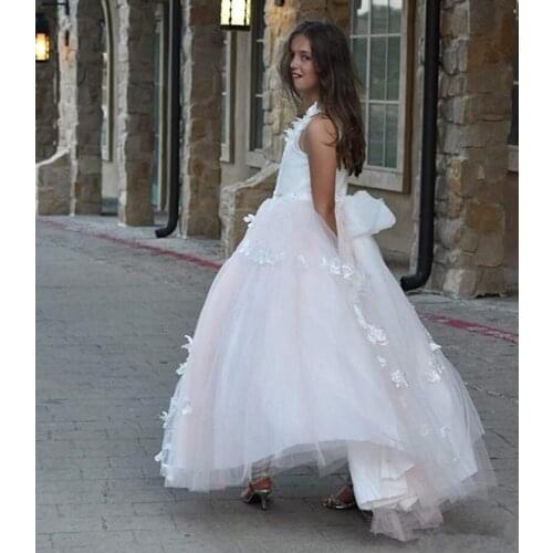 Flower Girls Dresses For Wedding Gowns sleeveless Lace Tulle applique Beaded belt Girl Birthday Holy Communion Dresses