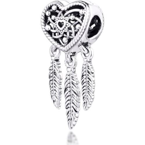 Fits for Pandora Charms Bracelets Heart & Three Feathers Dreamcatcher Beads 100% 925 Sterling Silver Jewelry Free Shipping