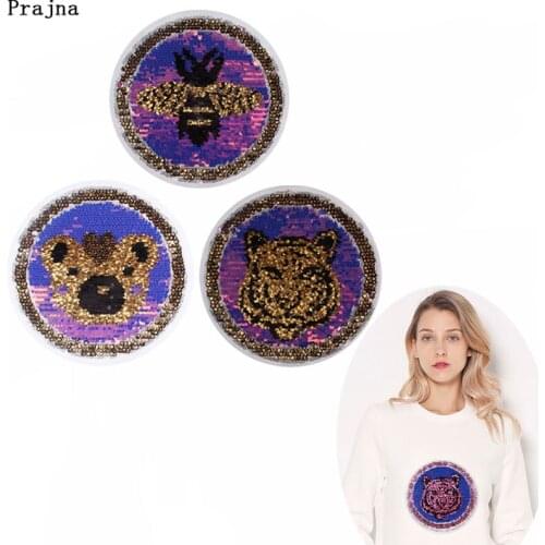 Prajna Teddy Bear Coat Patches Embroidered Sequined Tiger Sew On Clothes Patch Reversible Change Color Bee Sequins Applique F