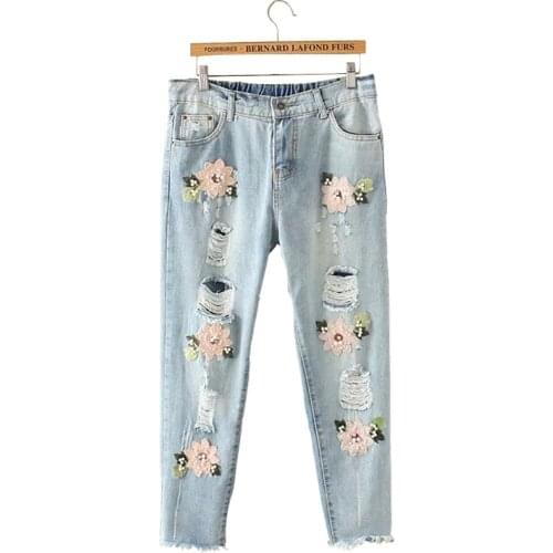 Drop Shipping Boyfriend Jeans Denim Sequins Beading Pencil Jeans Women Club Style Street Holes Ripped Jeans femme New Fashion