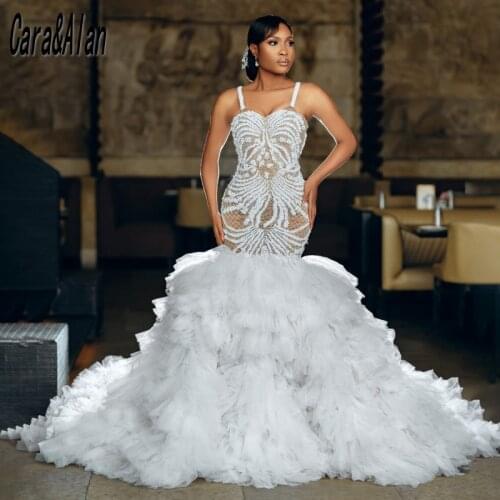 Luxurious African Illusion Mermaid Wedding Dresses Ruffles Chapel Train Beading Bridal Gowns Arabic robe de soirée de mariage