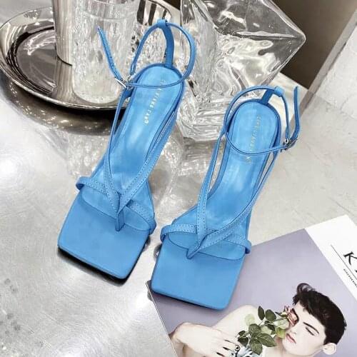 SONDR 2021NEW PU Sandals Women Summer Stiletto Heels Thong Pumps Ladies Shoes Fashion Party T-Tied Buckle Strap Solid Concise