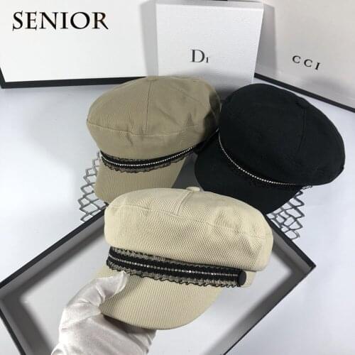 French Fashion Organza Rhinestone Women Navy Hat Autumn Cotton Flat Top Elegant Women Military Hat Shopping Women Hat Gift Hat