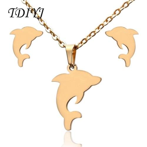 TDIYJ 45cm Chain Animal Gold Necklace Earring Sets with Cute Dolphin Pendant as Women Jewelry Set