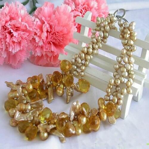 Unique Pearls jewellery Store 3row 19'' Gold Rice Biwa Drip Faceted Citrine Freshwater Pearl Necklace Charming Women Jewelry