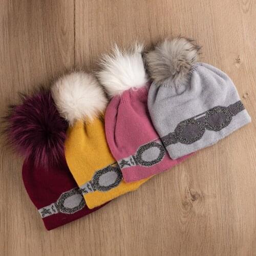 Woman Fashion Winter Thicken Ski Hat Knitted Glasses Print Beanie Wool Warm Soft Casual Hats Raccoon Real Pompom Solid Color