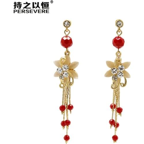 Korean Fashion Jewelry Rhinestone Flower Statement Long Earrings 2019 Red Crystal Beads Dangle Drop Earrings For Women